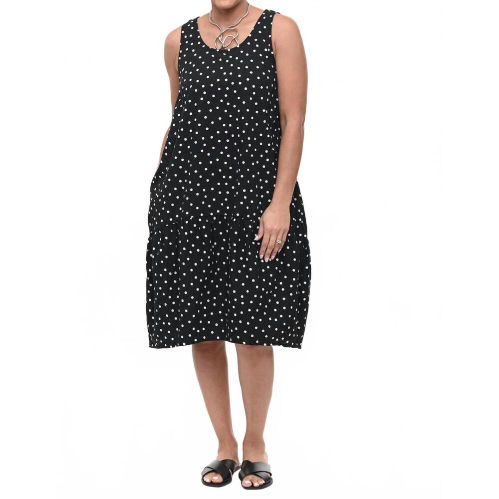 NEW TULIP CLOTHING sirena sleeveless dress in black white seersucker dot